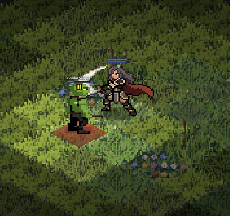 Player in combat with a Goblin Sapper showing floating damage numbers and HP bars