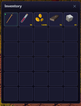 The Inventory panel showing 30-slot grid with items, gold, and crafting materials