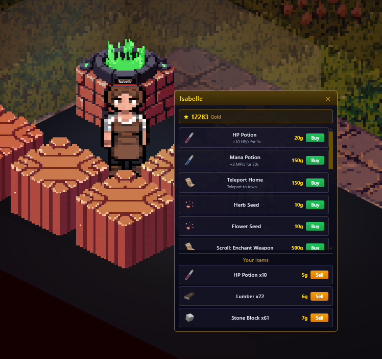 Isabelle's shop interface showing buy/sell items, prices, and gold balance