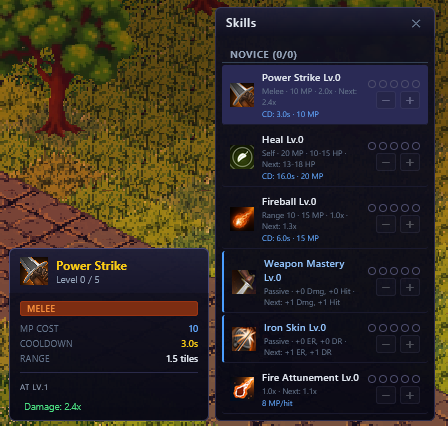 The Skills panel showing Novice skill tree with Power Strike selected and skill details